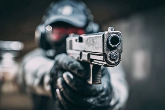 Person aims firearm with focus and precision at an indoor shooting range setting