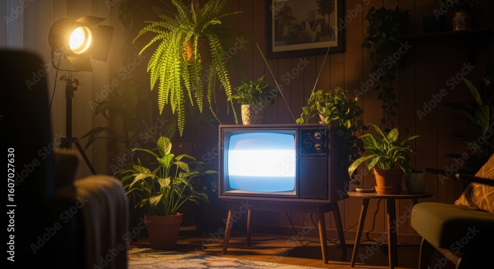 Poster retrostyle tube tv with glowing screen in nostalgic home setting surrounded by lush greenery and war