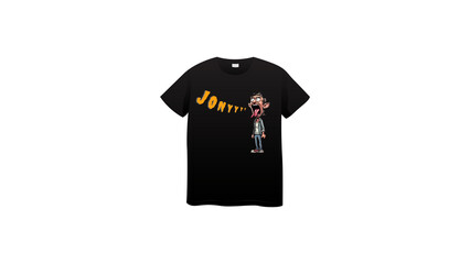 Black t-shirt with cartoon character and text illustration