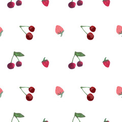 Seamless vector pattern with watercolor cherries and strawberries on white background, fruity summer print for fabric, wrapping paper, packaging