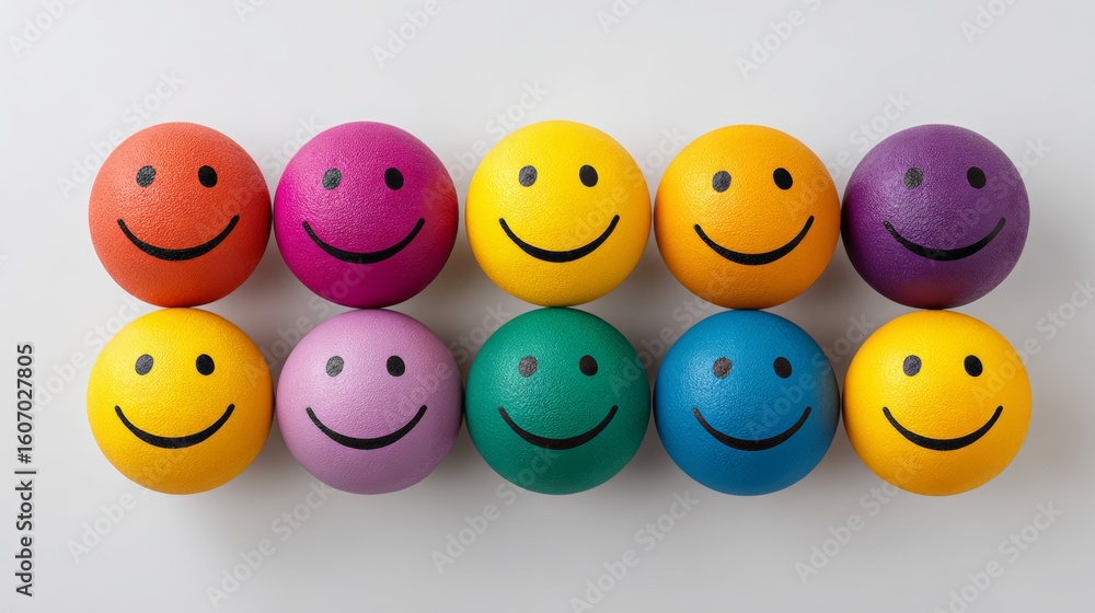 Poster row of colorful smiley faces are lined up next to each other. the faces are of different colors and 
