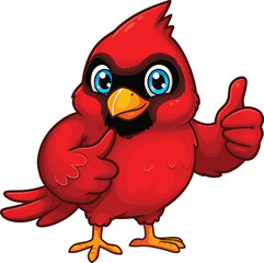 Cheerful red cartoon cardinal bird giving thumbs up, fun mascot character for kids, school, education, positivity, and digital illustrations