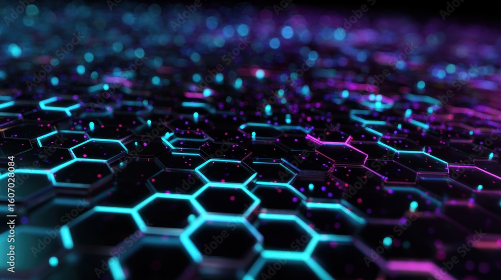 Poster abstract hexagonal patterns in vibrant neon colors create a futuristic feel, ideal for tech-themed d
