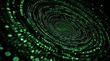 Abstract green digital vortex with binary code representing data flow and technology advancements.
