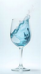 Elegant motion of a blue drink splashing inside a crystal wine glass against a light background.