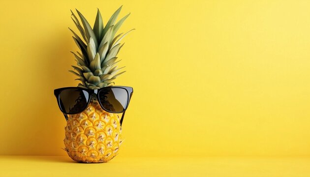 Trendy Pineapple: Vibrant Summer Beach Clothing And Accessories. Artistic Tropical Fruit Design With Chic Sunglasses. Exciting Beach Vibes And Party Mood In Yellow Layout.