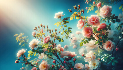 Schöner Blumen - Hintergrund, Blüten auf blauem Hintergrund. Weicher selektiver Fokus, copy space