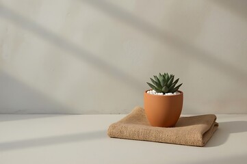 A small green succulent plant in a terracotta pot sits on a textured beige surface with dappled sunlight creating shadows on a neutral wall