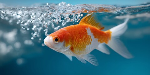 Fototapeta premium Goldfish swimming in an aquarium, a cute golden aquatic pet isolated in clear water