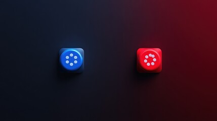 Abstract blue and red buttons symbolizing rational vs emotional choices, minimalist contrast design for UI, psychology presentations, decision-making graphics, brand identity system