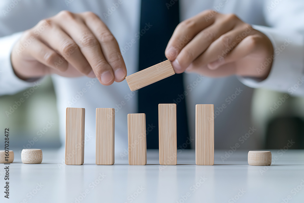 Poster building blocks for success: strategy & growth. man carefully placing a block in a visual representa