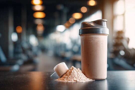 Protein shake and powder placed on gym table during workout session