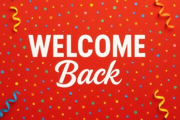 A vibrant "Welcome Back" message on a red background adorned with colorful confetti and ribbon, creating a festive and cheerful atmosphere.