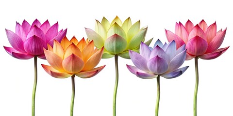 Fototapeta premium Five Stunning Colorful Lotus Flowers in Full Bloom on a White Background