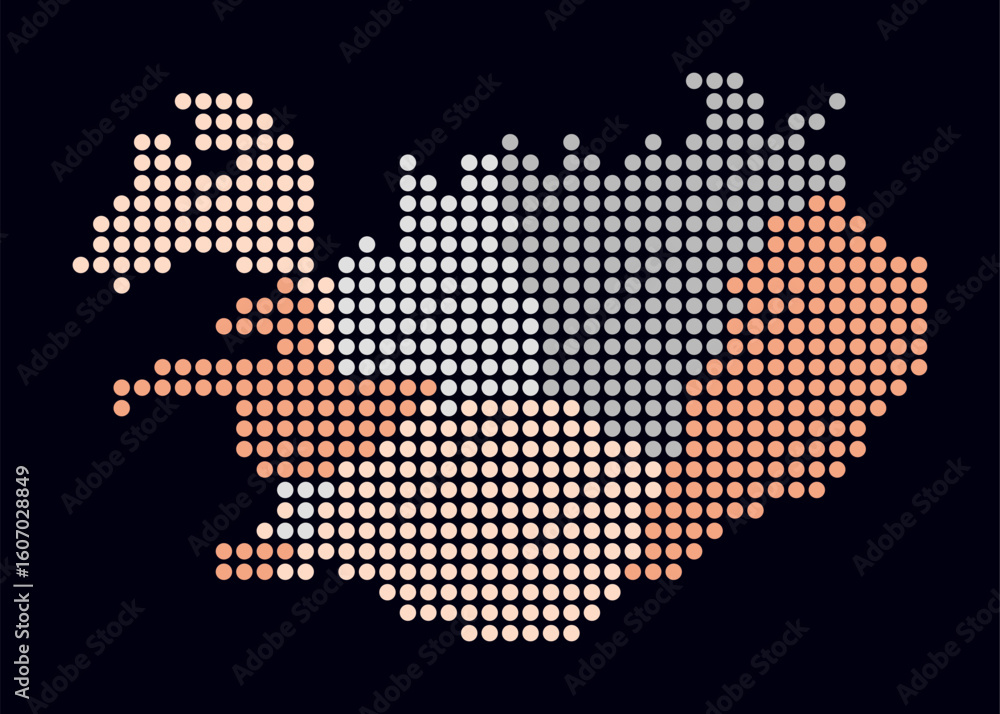 Poster iceland dotted map. digital style map of the country on dark background. iceland shape with circle d