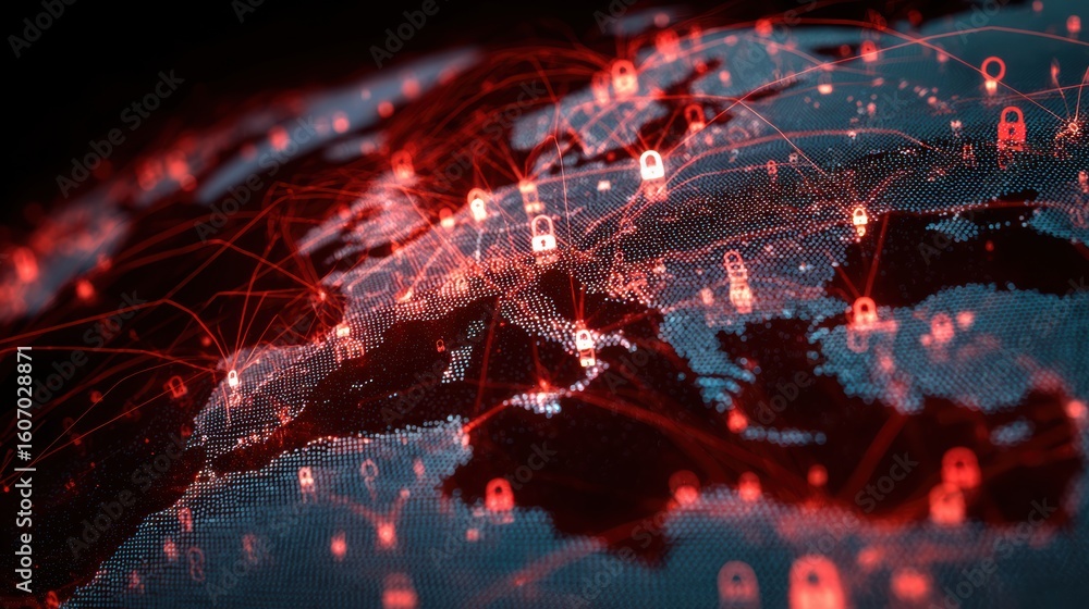 Poster abstract representation of a digital world interconnected by red lines, signifying data flow and sec