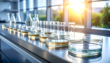 Laboratory Glassware at Sunset: A modern laboratory setting is bathed in the warm glow of the setting sun, with scientific glassware impeccably arranged and ready for experiments.
