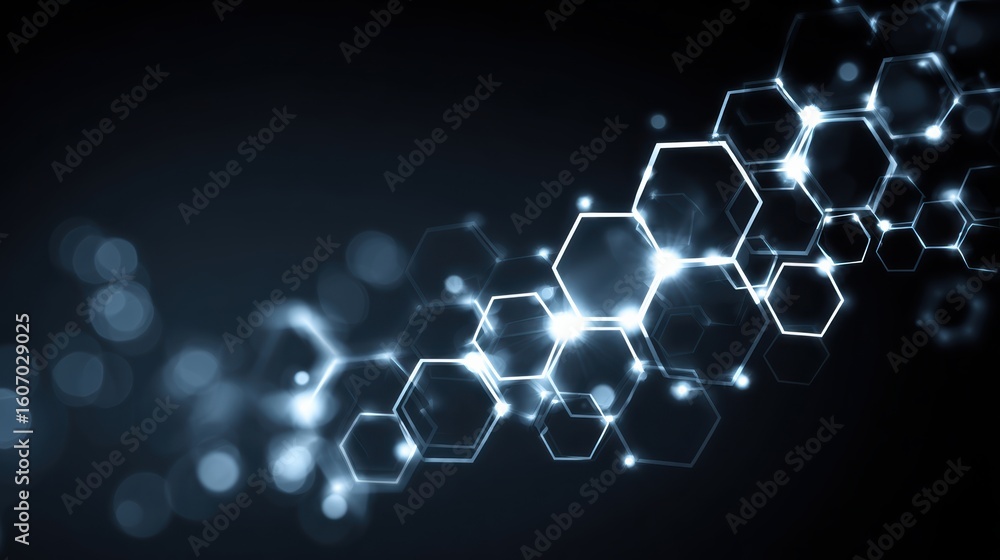 Poster abstract representation of molecular structure with glowing hexagons on a dark background, symbolizi
