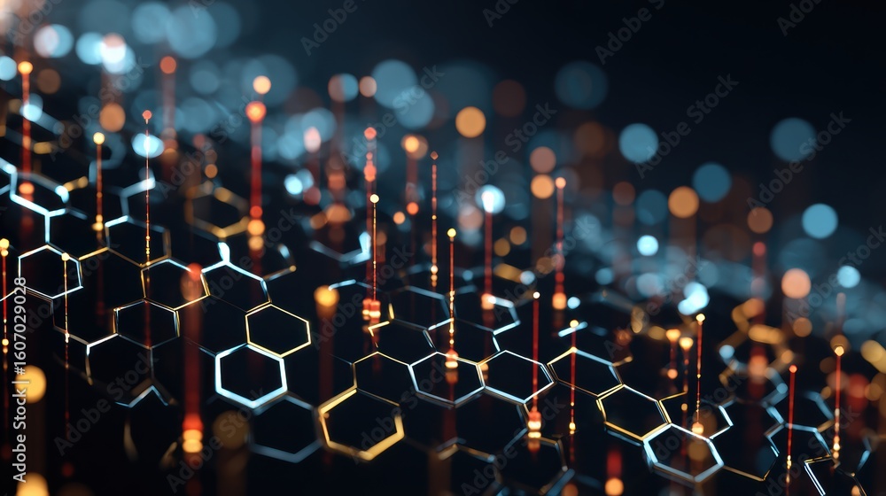 Poster abstract representation of technology intertwined with hexagonal patterns and glowing lights.