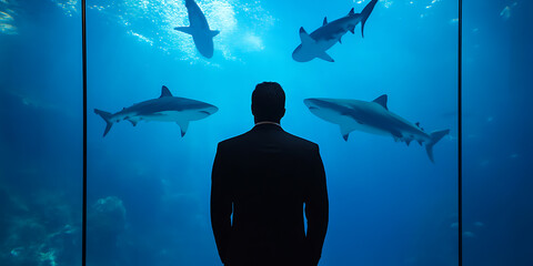 A silhouetted figure in a suit stares into an aquarium filled with sharks, creating a visual metaphor for navigating a challenging or competitive environment.