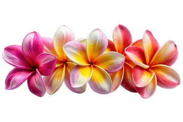 Closeup of vibrant plumeria flowers in a row, isolated on white background
