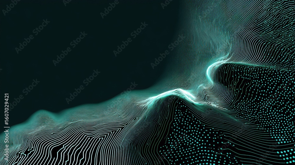 Poster abstract waves in a dark space, featuring glowing elements and intricate patterns, representing digi