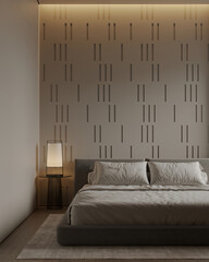 Tranquil bedroom with unique wall paneling, soft lighting, and modern furnishings for a calm, minimalist environment.