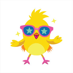 Adorable yellow chick wearing oversized pink starshaped sunglasses, with a cheerful expression and outstretched wings