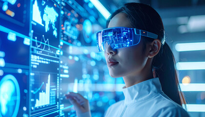 Tech Visionary: A visionary scientist or engineer is immersed in a world of advanced technology, wearing futuristic glasses, and surrounded by interactive data screens.