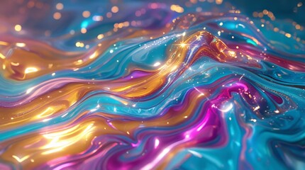 Abstract flowing iridescent liquid waves, shimmering golden glitter, deep blue, and vibrant purple hues with luxurious, ethereal fantasy texture, perfect for artistic backgrounds.