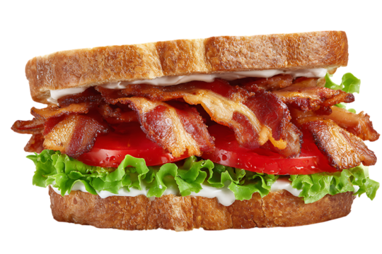 A delicious blt sandwich with crispy bacon, fresh lettuce, and ripe tomato on toast on transparent background