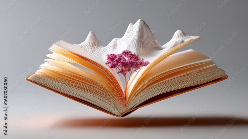 Poster book is open to a page with a tree on it. the tree is surrounded by mountains and the book is open t
