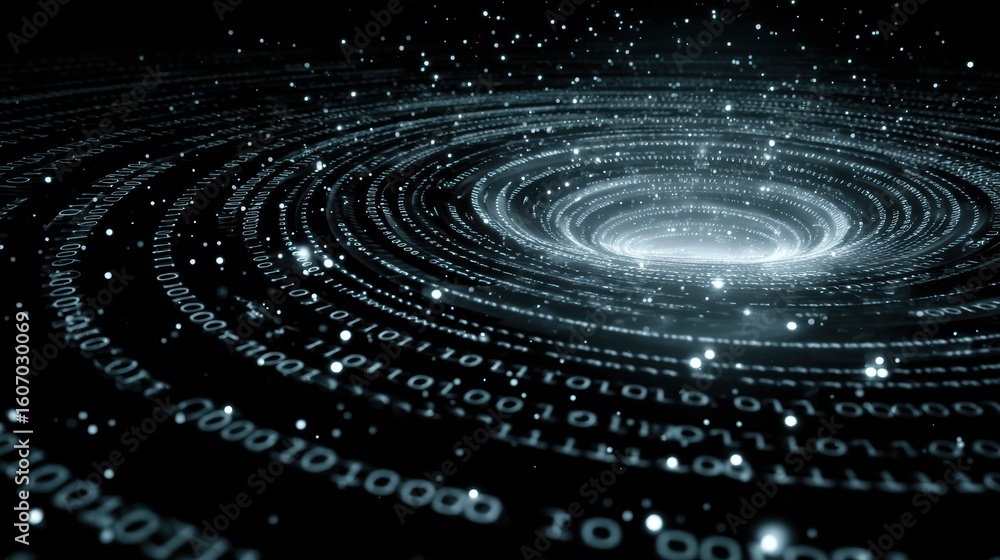 Poster an abstract representation of digital data swirling in a vortex of binary code against a starry back
