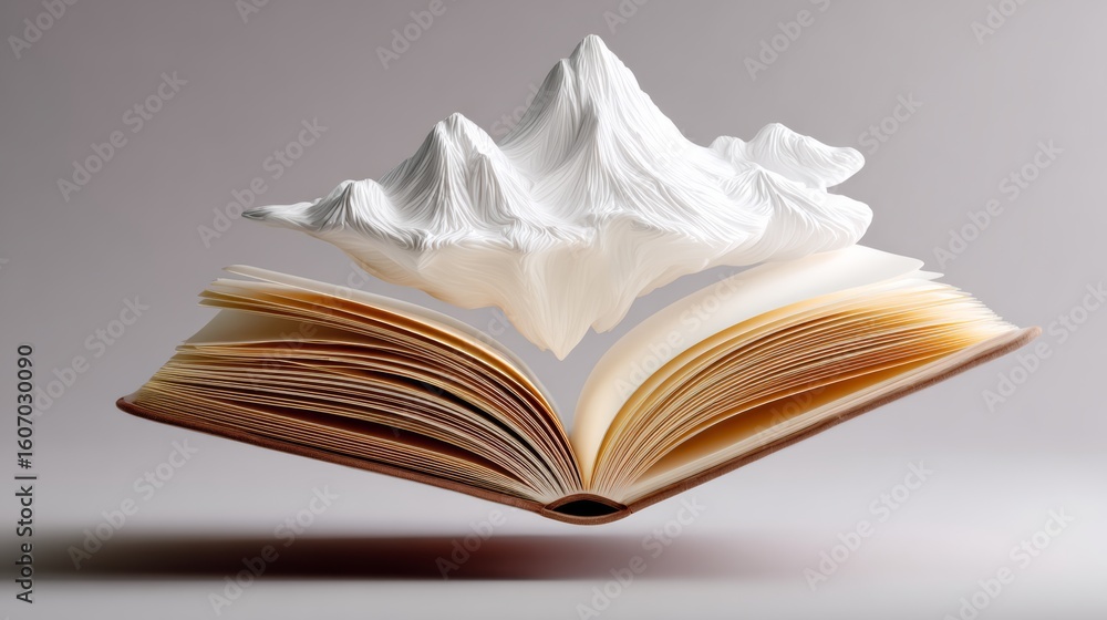 Aufkleber book is open to a page with a mountain on it. the mountain is made of paper and is floating in the a