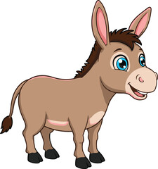 Cute cartoon donkey with big blue eyes, smiling expression, brown fur and pink ears, playful animal character for educational vector illustration