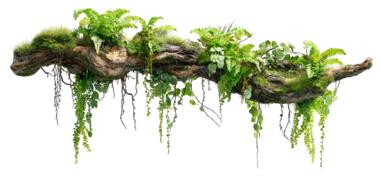 A mossy log with cascading greenery