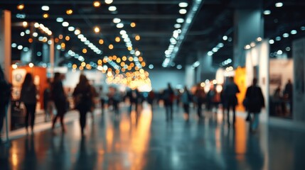 Blurred scene of people walking in a modern exhibition hall with bright lights and creative displays.