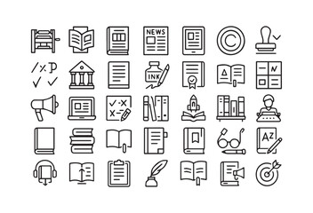Vector illustration of various library and reading elements depicting a home library, bookshelves, and a reader in a comfortable chair