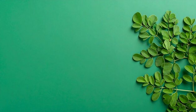 Fresh moringa leaves on green background, top view with copy space
