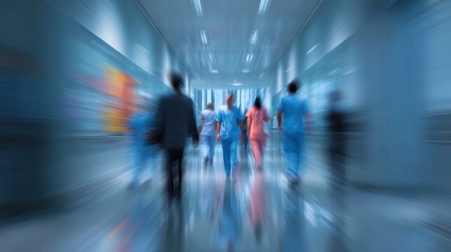 Blurred image of healthcare professionals walking in a hospital corridor, symbolizing teamwork and medical care. - Powered by Adobe