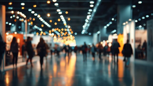 Blurred scene of people walking in a modern exhibition hall with bright lights and creative displays.