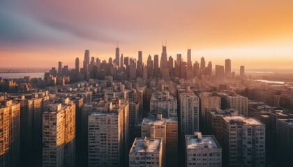 Obraz premium City Skyline at Sunset: A mesmerizing aerial panorama of a sprawling city skyline against the backdrop of a vibrant sunset, showcasing urban architecture and the mesmerizing play of light and shadow.