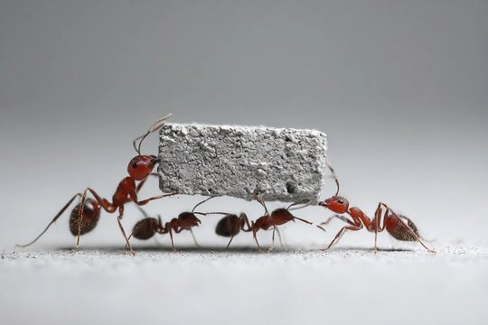 Ants collaborate to lift a concrete block in a remarkable display of teamwork outdoors