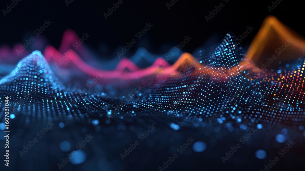 Poster colorful digital wave patterns create a visual representation of data and technology, blending art a