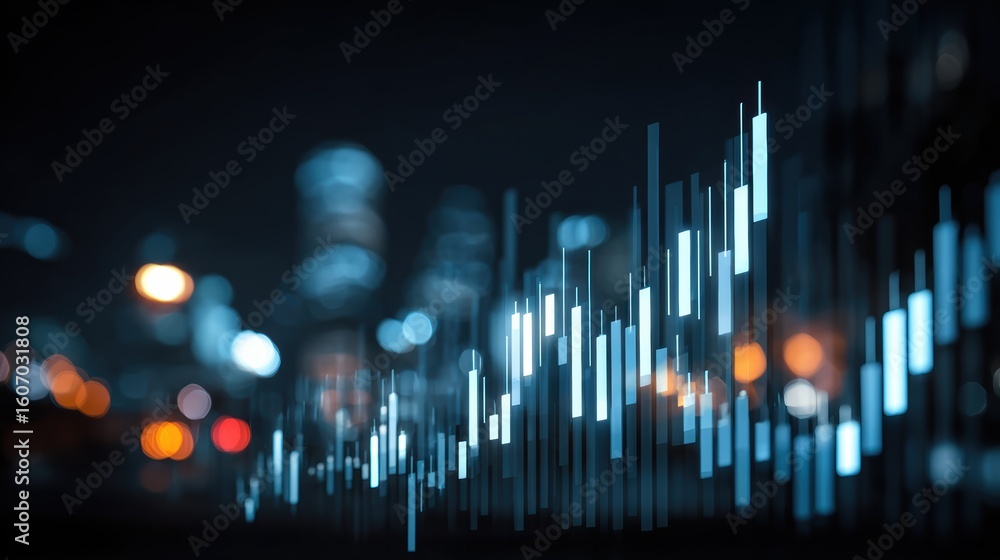 Poster dynamic digital stock market graph with blue lines on a dark background representing financial trend