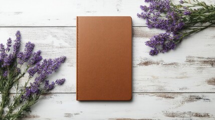 Tan Notebook Mockup on White Wooden Surface with Purple Flowers