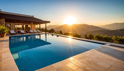 Sensual view of a luxury pool in a 5 star hotel with the sun rising in the center of the image, summer concept vacation concept holidays