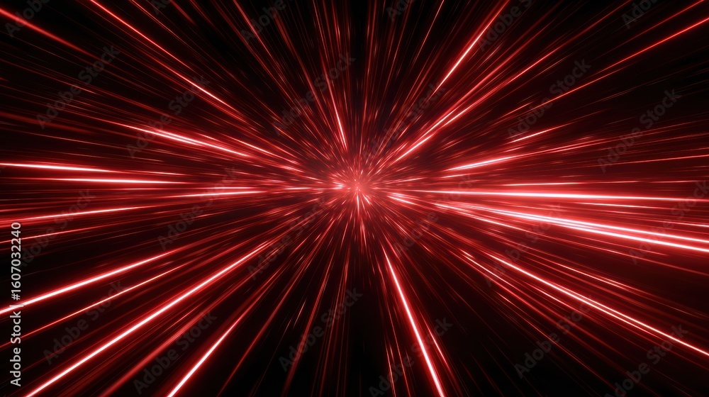 Poster dynamic red light beams radiate outward, creating an energetic and futuristic visual effect with a s