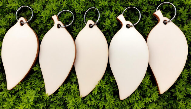 Blank Wooden Leaf Shaped Keychains with Metal Rings on Green Moss Background