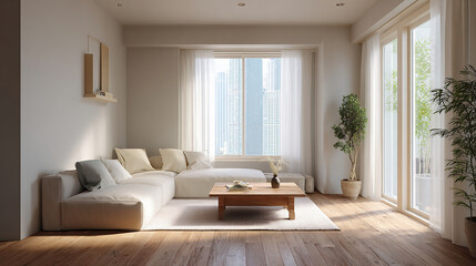 高層ビルを望む明るくモダンなリビングルームのインテリア